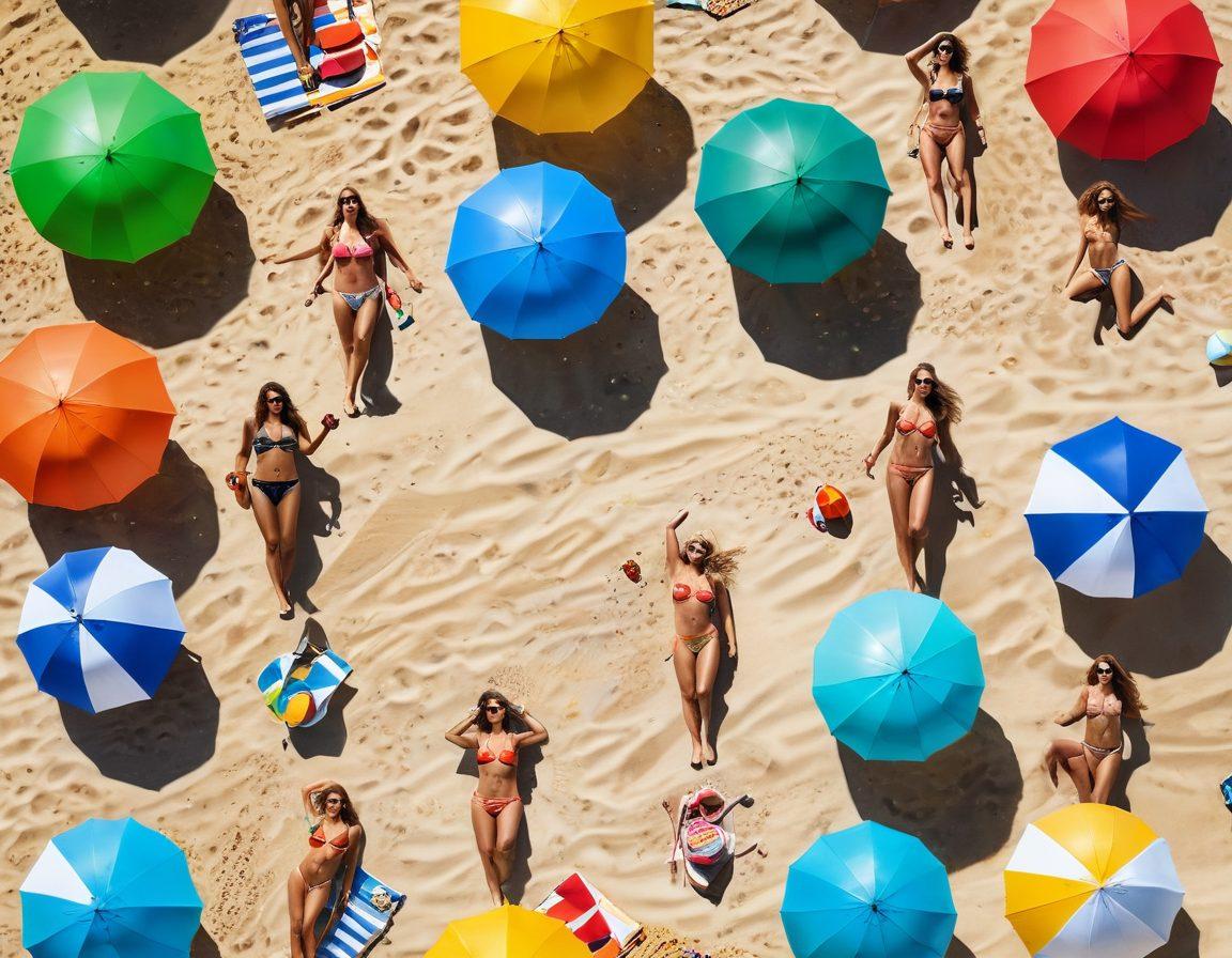 A sunny beach scene featuring diverse models showcasing various stylish bikinis that embody youth and chic aesthetics. The background includes vibrant beach umbrellas, golden sand, and crystal-clear waves, symbolizing summer fun. Incorporate playful elements like beach balls and surfboards to enhance the lively atmosphere. Capture bright, fresh colors with a warm summer glow. vivid colors, super-realistic, summertime vibe.